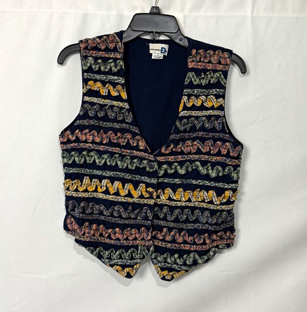Vintage Paul Harris Design Women’s Navy Ribbon Trim Textured Vest Small